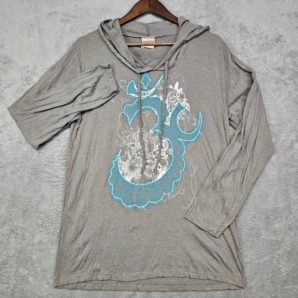 Gypsy Rose Boho Hoodie Top Gray Mandala Graphic Handmade‎ Thailand Women's Large